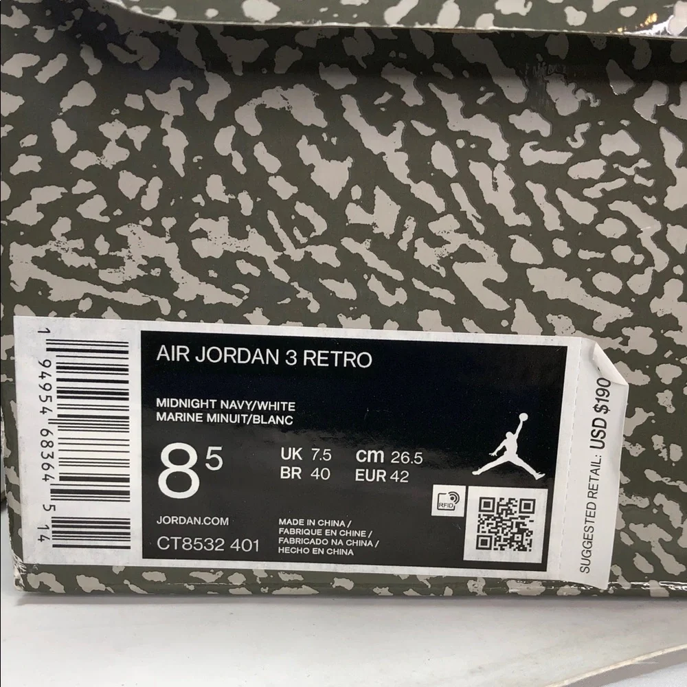 Air Jordan 3 Georgetown CT8532-401 Midnight Navy Men’s Sneakers - Size 8.5
